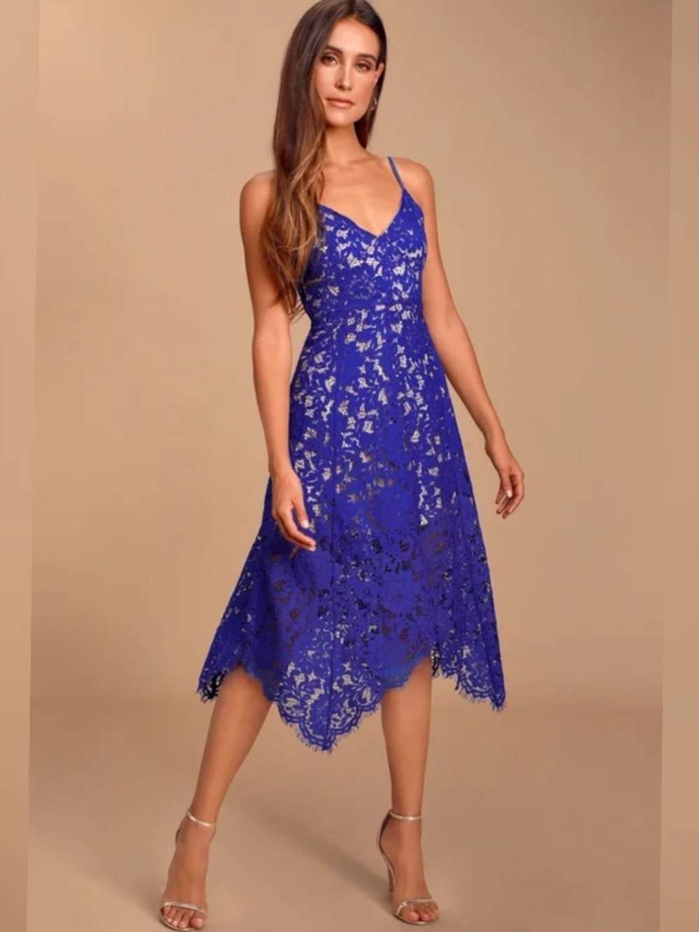 Lulu's One Wish Royal Blue Lace Midi Dress with Spaghetti Straps, Sz M, NWOT